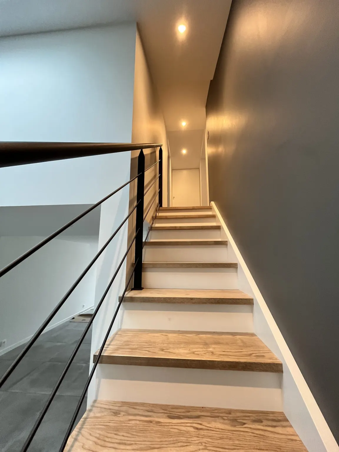 Escalier droit avec marches en bois et garde-corps métallique — Sur le Vallon